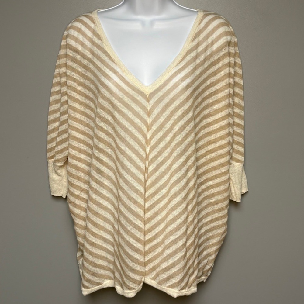 Chico's Linen‎ Blend Beach Minimalist Nautical Stripe Oversized Sheer Top Sz M